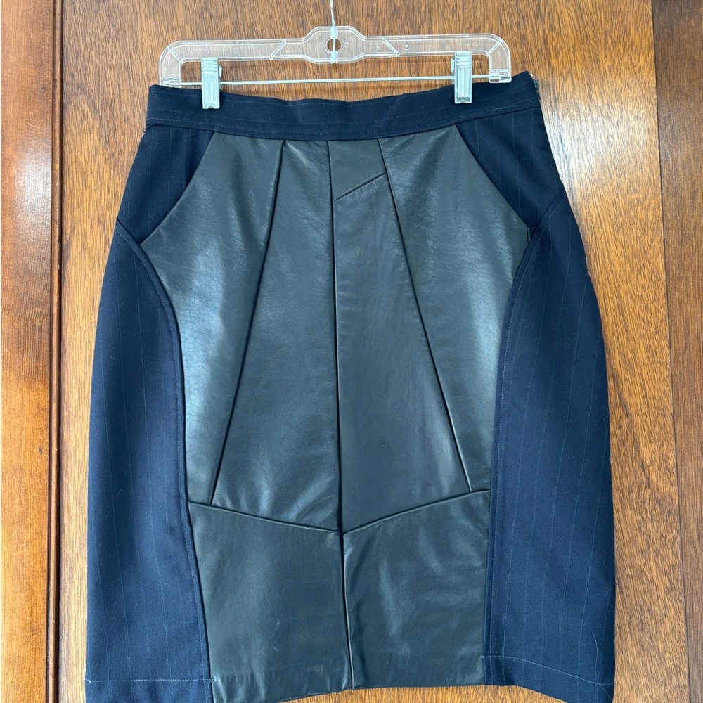 Anthropology Black and Navy Recycled Leather and Pinstriped Women's Skirt